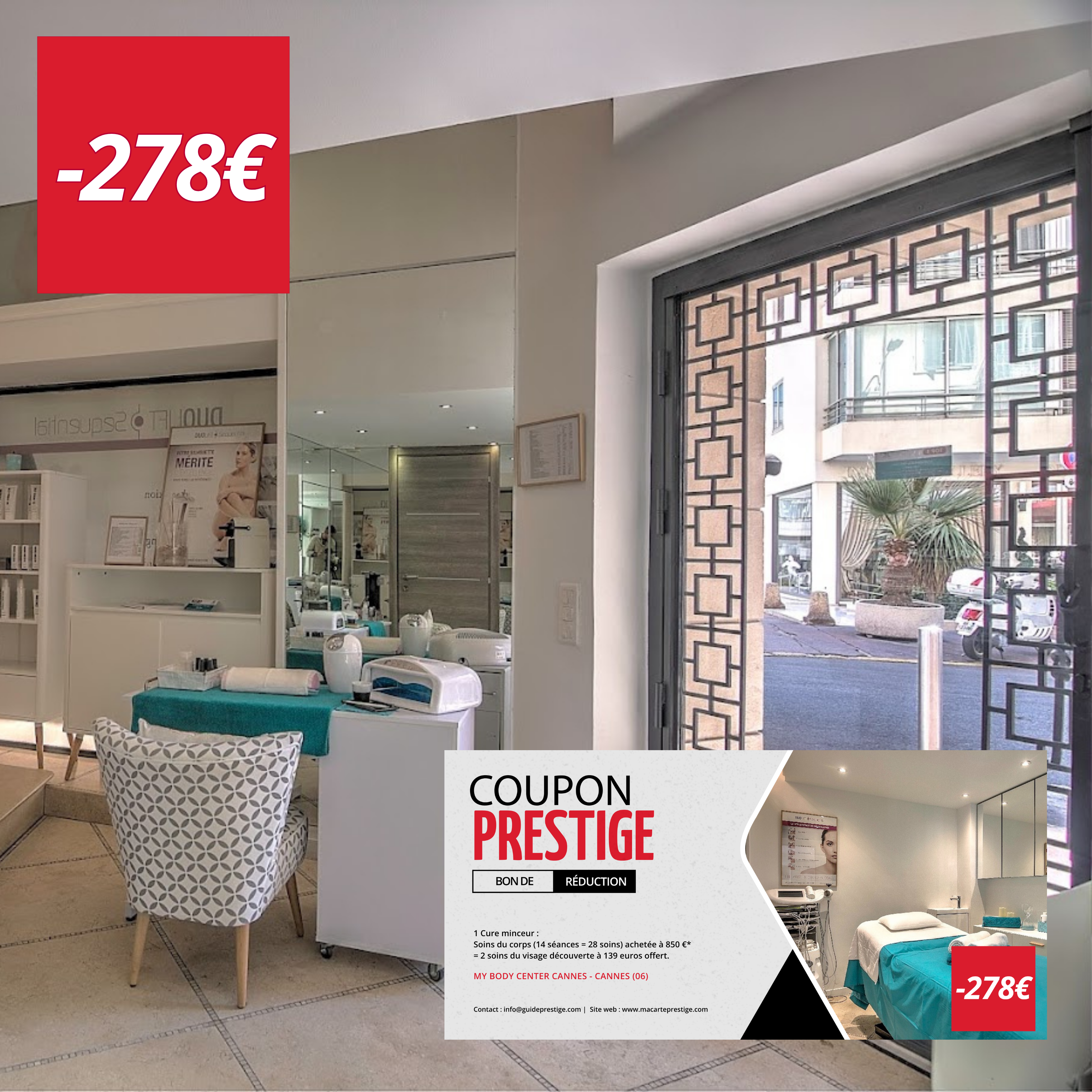 Coupon de réduction : 1 Cure minceur : Soins du corps (14 séances = 28 soins) achetée à 850 €* = 2 soins du visage découverte à 139 euros offert. - Valable chez MY BODY CENTER CANNES - à CANNES (06)