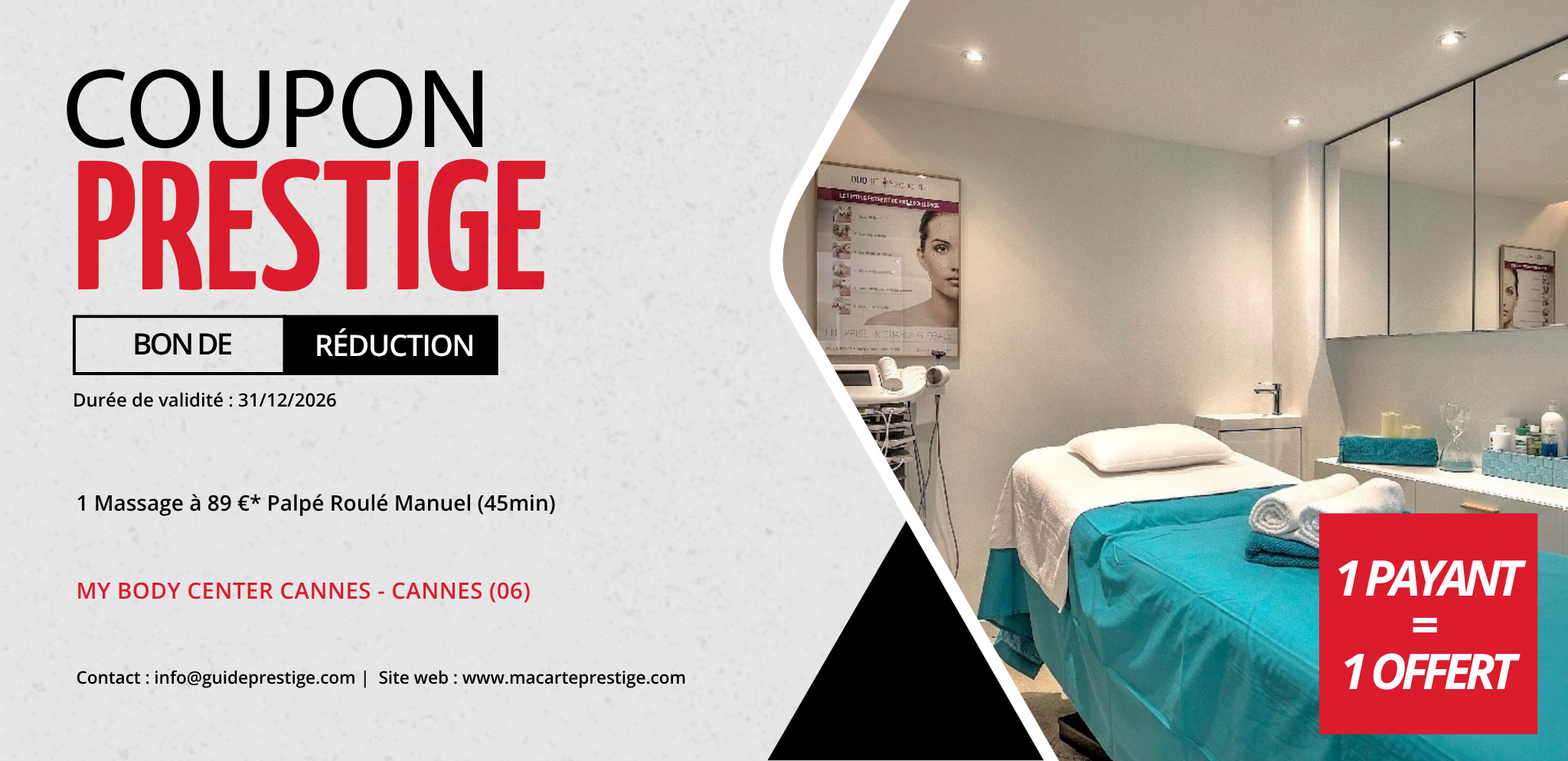 Coupon de réduction : 1 Massage à 89 €* acheté = 1 offert, Palpé Roulé Manuel (45min) - Valable chez MY BODY CENTER CANNES - à CANNES (06)