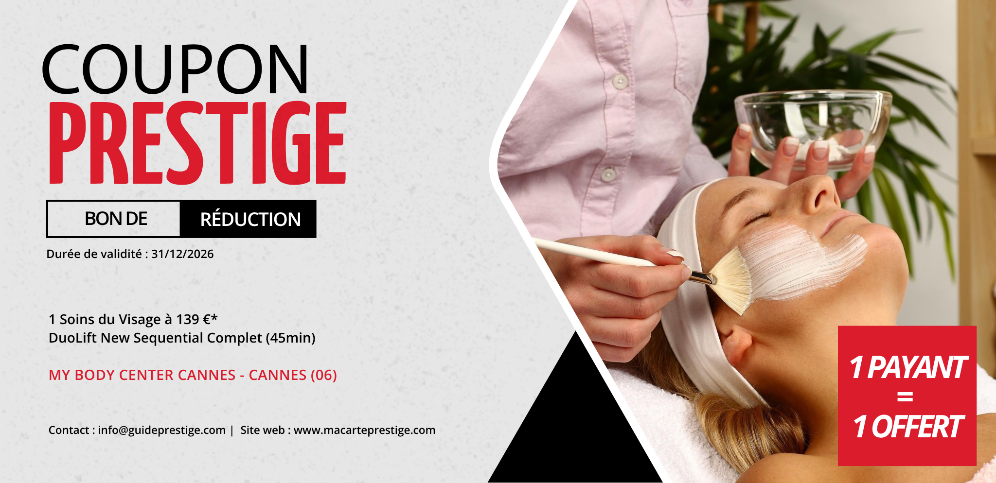 Coupon de réduction : 1 Soins du Visage à 139 €* acheté = 1 offert DuoLift New Sequential Complet (45min) - Valable chez MY BODY CENTER CANNES - à CANNES (06)