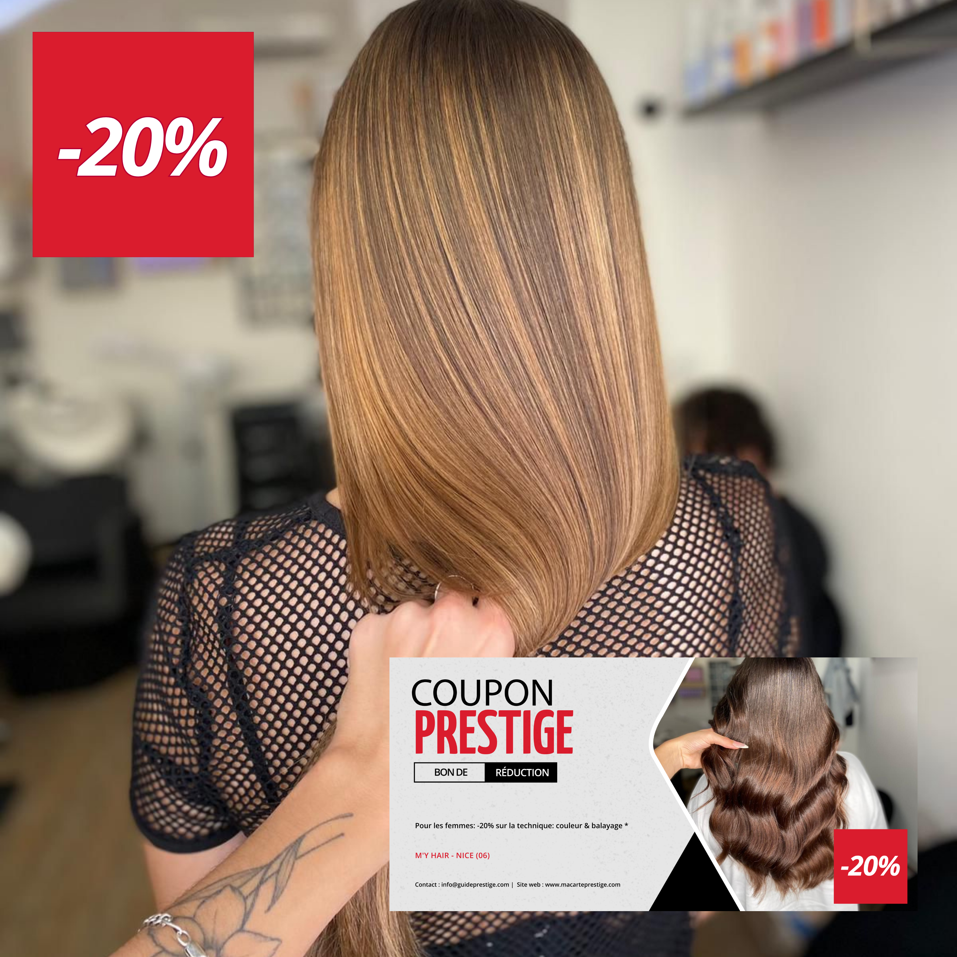 Coupon de réduction : Pour les femmes: -20% sur la technique: couleur & balayage * - Valable chez M'Y HAIR - à NICE (06)