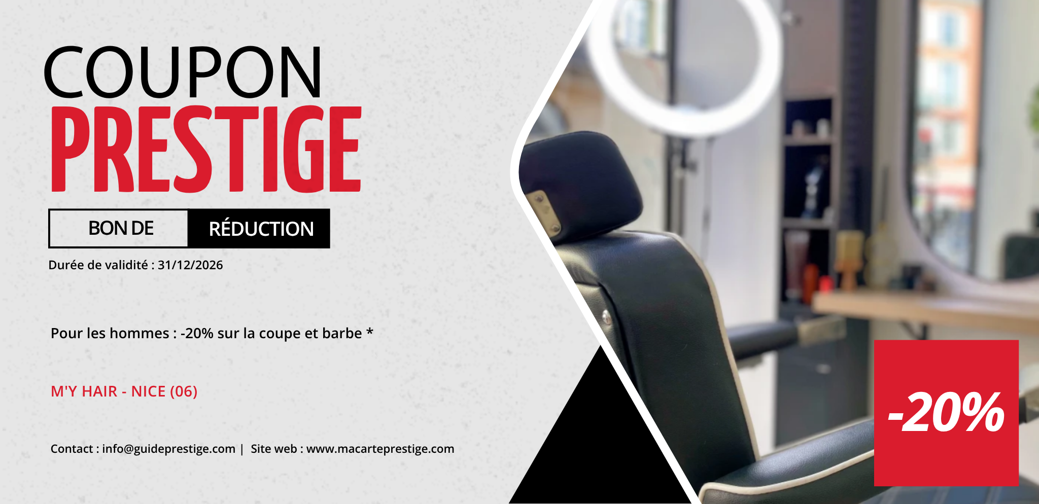 Coupon de réduction : Pour les hommes : -20% sur la coupe et barbe * - Valable chez M'Y HAIR - à NICE (06)