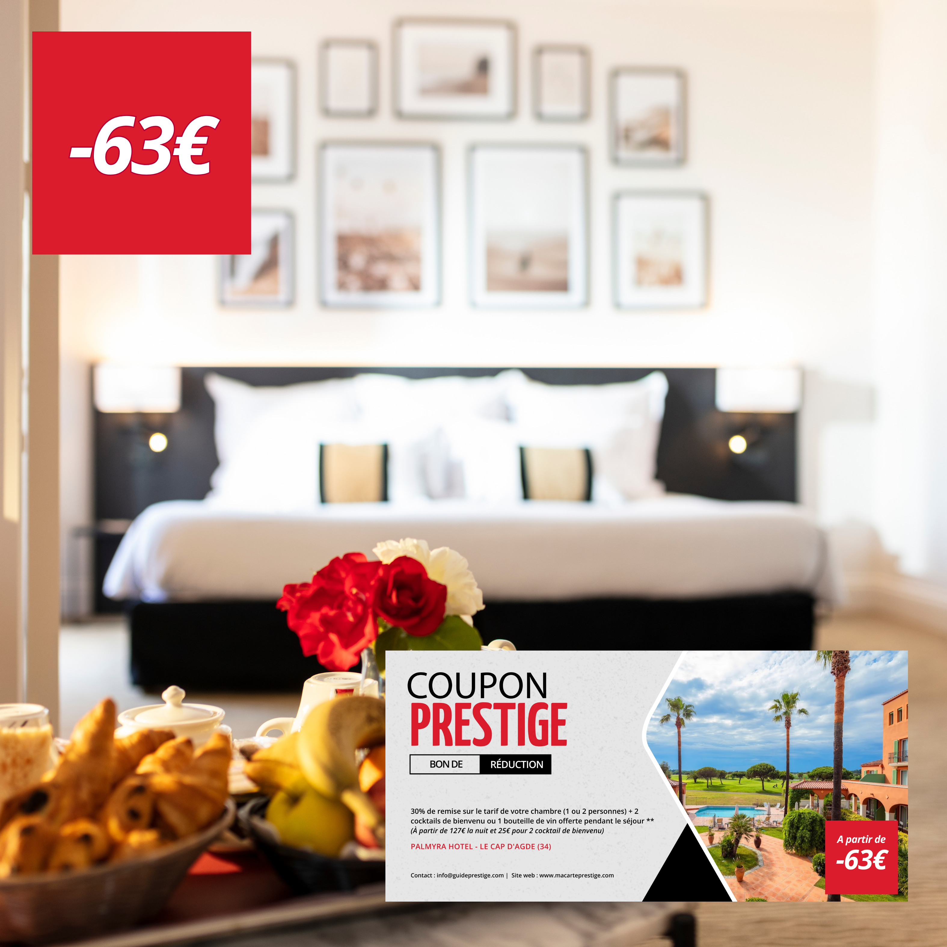 Coupon de réduction : 30% de remise sur le tarif de votre chambre (1 ou 2 personnes) + 2 cocktails de bienvenu ou 1 bouteille de vin offerte pendant le séjour ** - Valable chez PALMYRA HOTEL - à LE CAP D'AGDE (34)