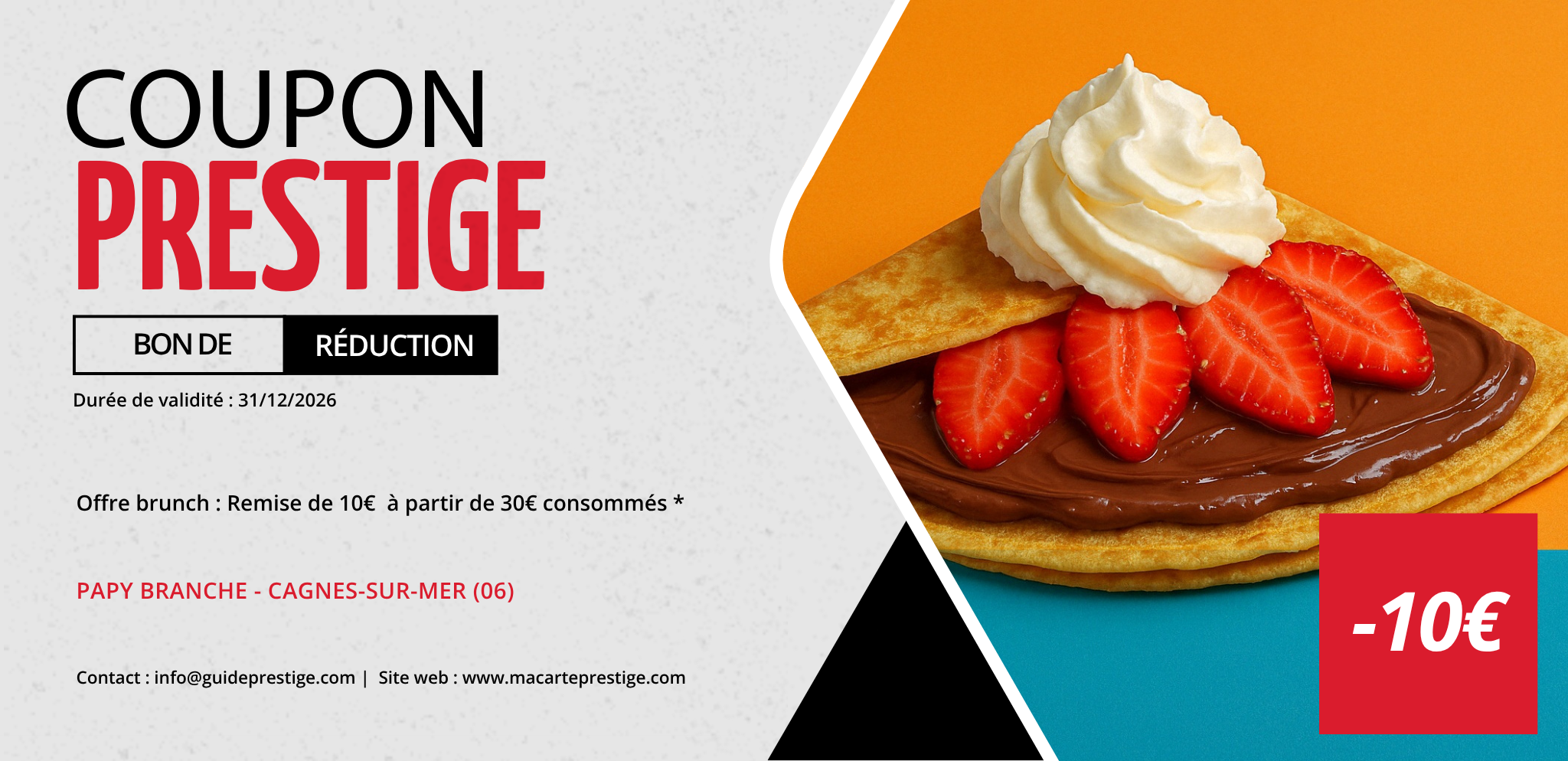 Coupon de réduction : Offre brunch : Remise de 10€ à partir de 30€ consommés * - Valable chez PAPY BRANCHE - à CAGNES-SUR-MER (06)