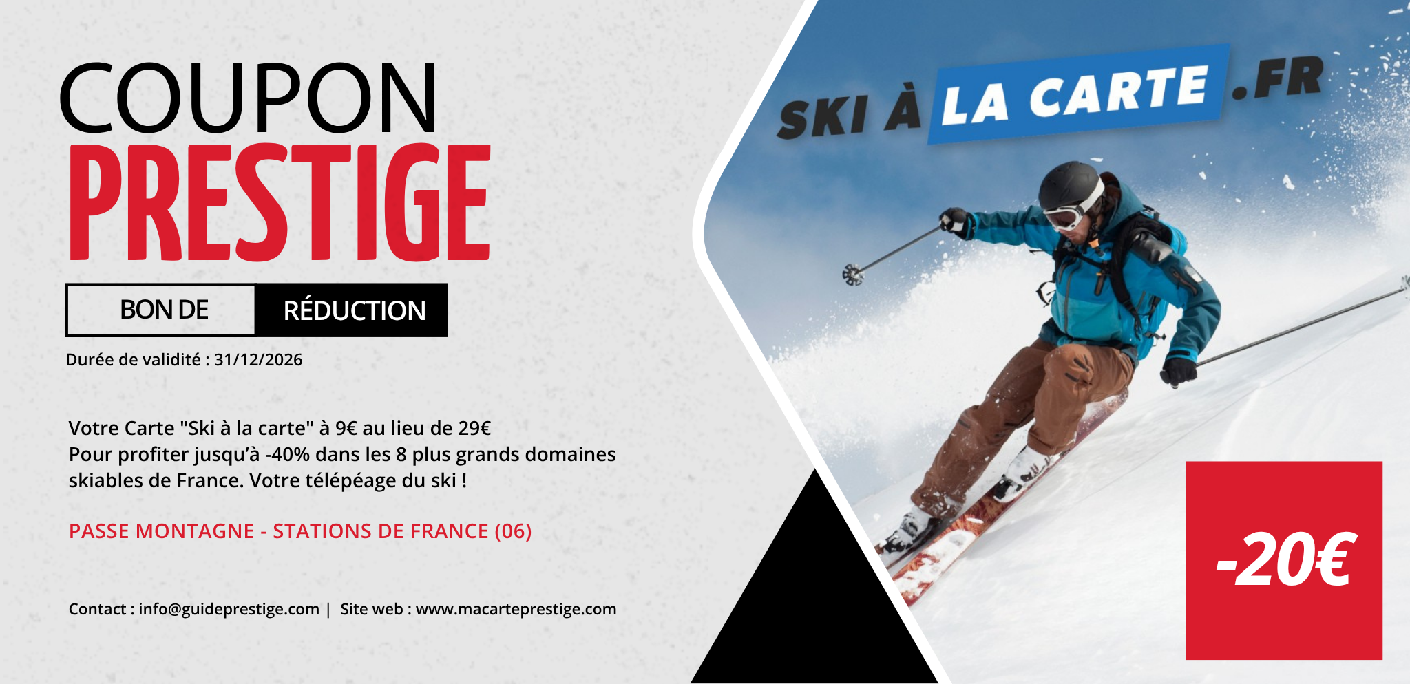 Coupon de réduction : Votre Carte "Ski à la carte" à 9€ au lieu de 29€ Pour profiter jusqu’à -40% dans les 8 plus grands domaines skiables de France. Votre télépéage du ski ! - Valable chez PASSE MONTAGNE - à STATIONS DE FRANCE (06)