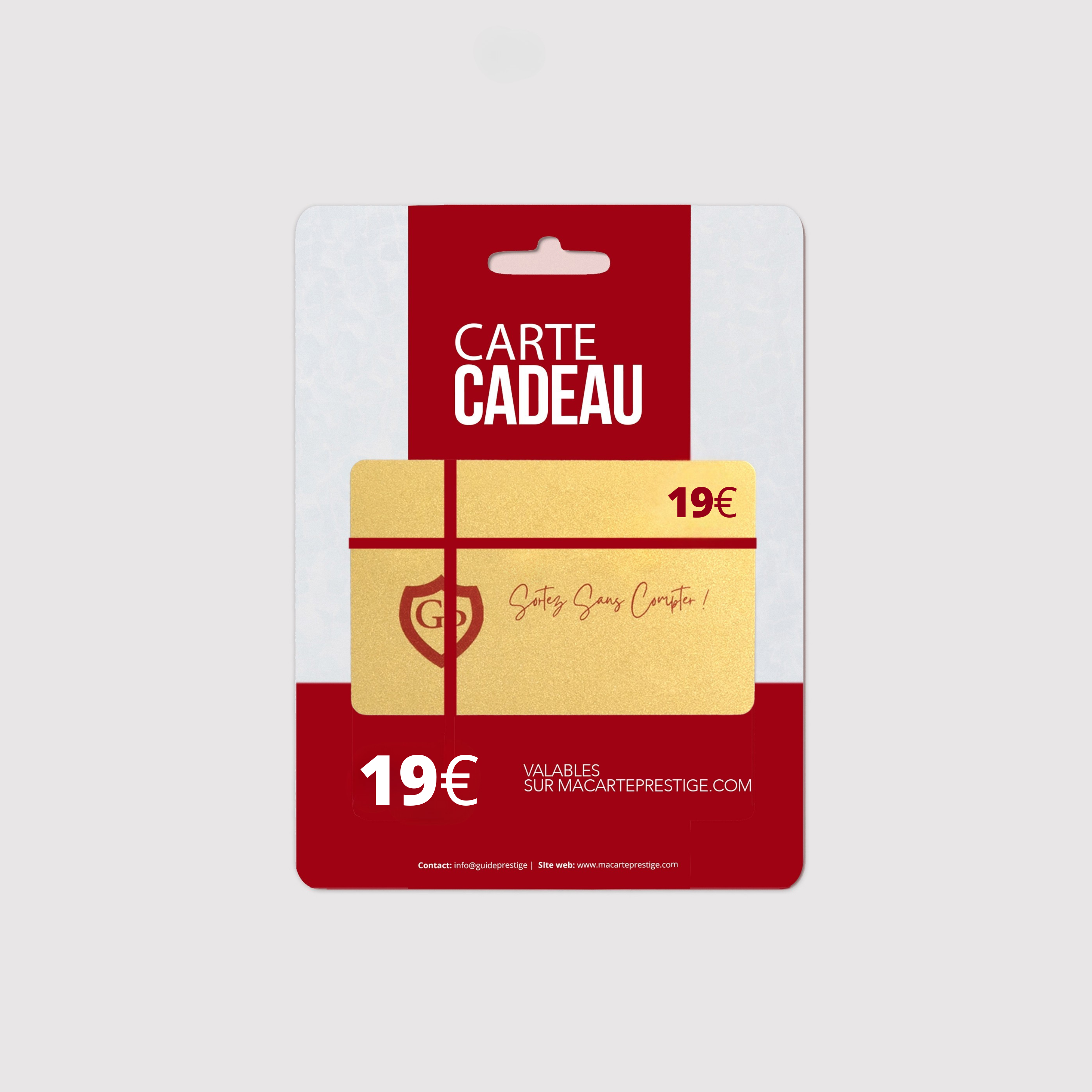Carte cadeau de 19€ de crédits prépayés utilisables sur le site macarteprestige.com
