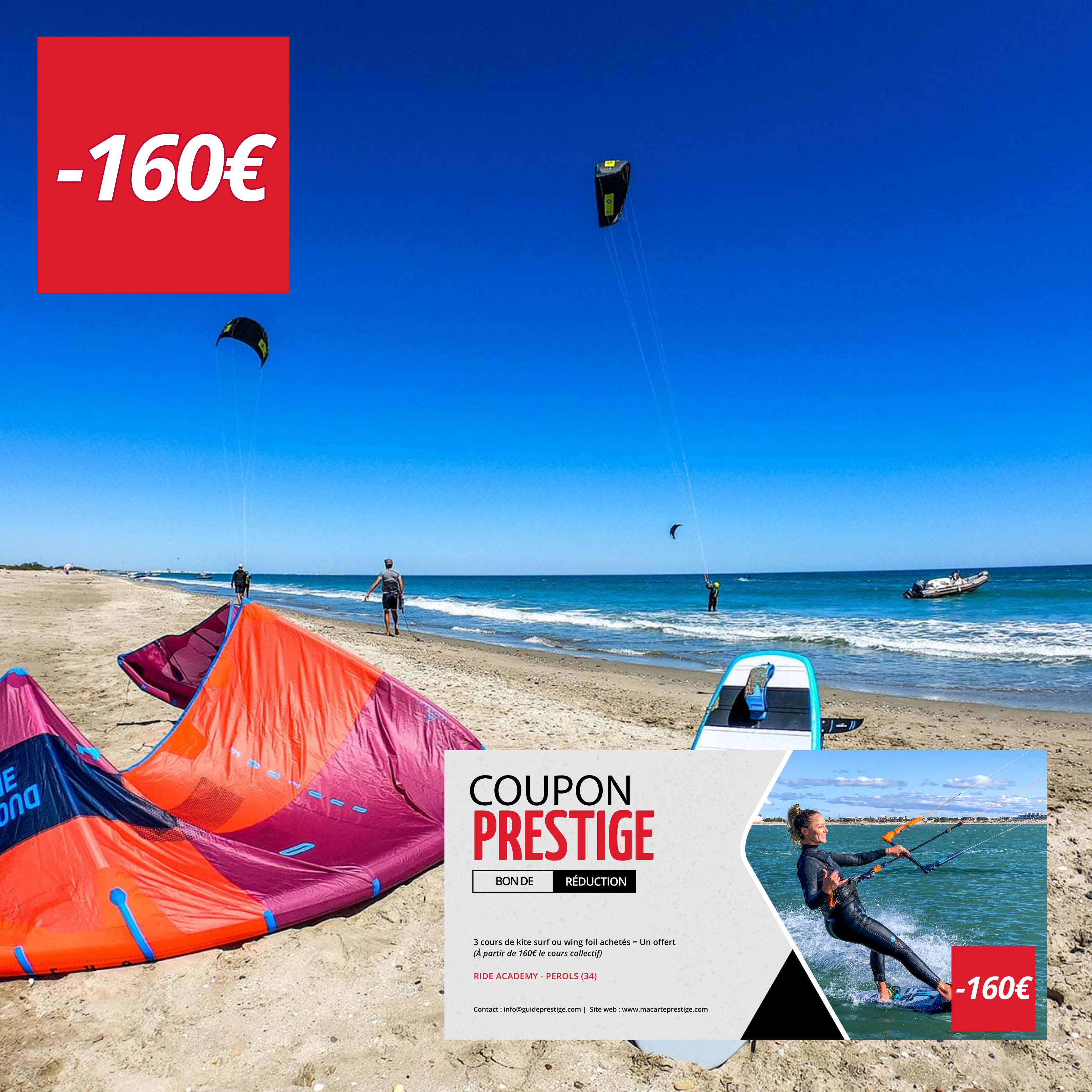Coupon de réduction : 3 cours de kite surf ou wing foil achetés = Un offert - Valable chez RIDE ACADEMY - à PEROLS (34)