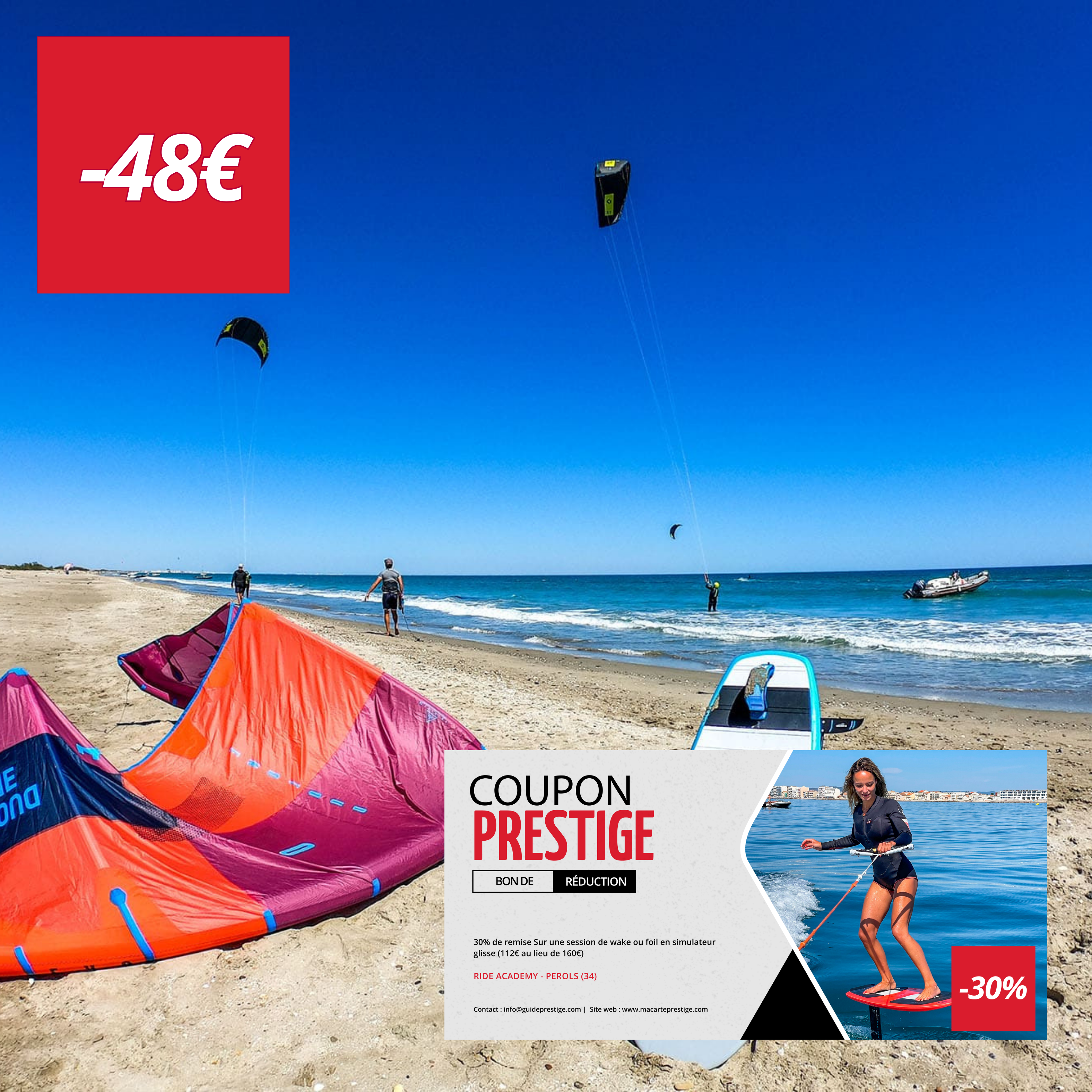 Coupon de réduction : 30% de remise Sur une session de wake ou foil en simulateur glisse (112€ au lieu de 160€) - Valable chez RIDE ACADEMY - à PEROLS (34)