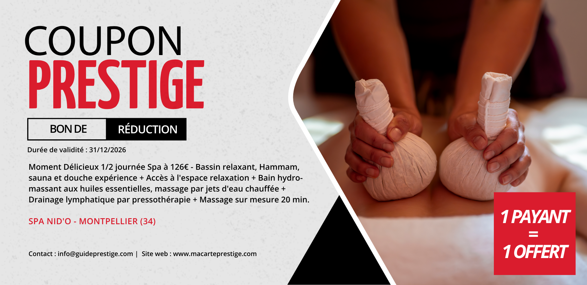 Coupon de réduction : Moment Délicieux 1/2 journée Spa à 126€ * acheté = 1 offert - Valable au SPA NID'O - à MONTPELLIER (34)