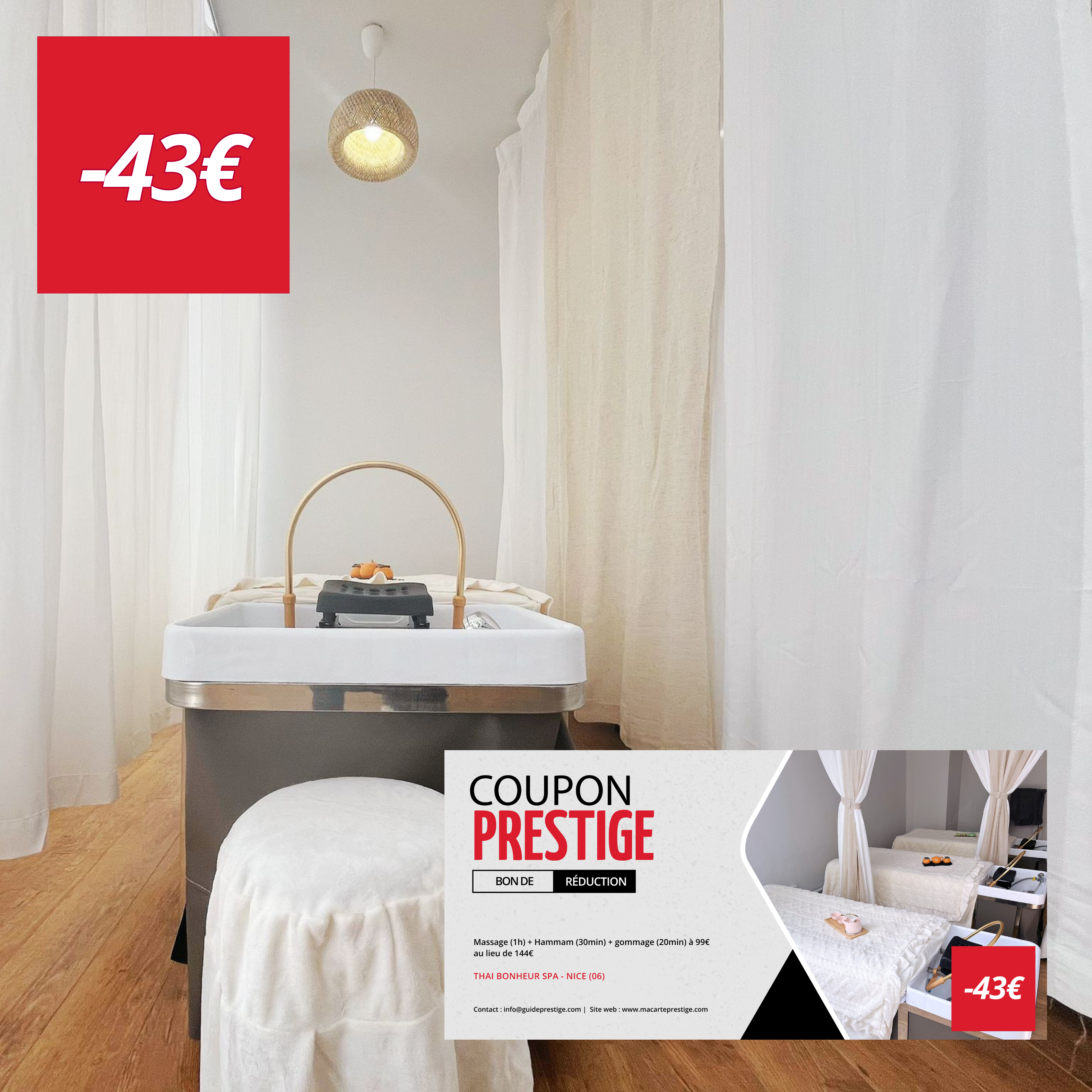 Coupon de réduction : Massage (1h) + Hammam (30min) + gommage (20min) à 99€ au lieu de 144€ - Valable chez THAI BONHEUR SPA - à NICE (06)