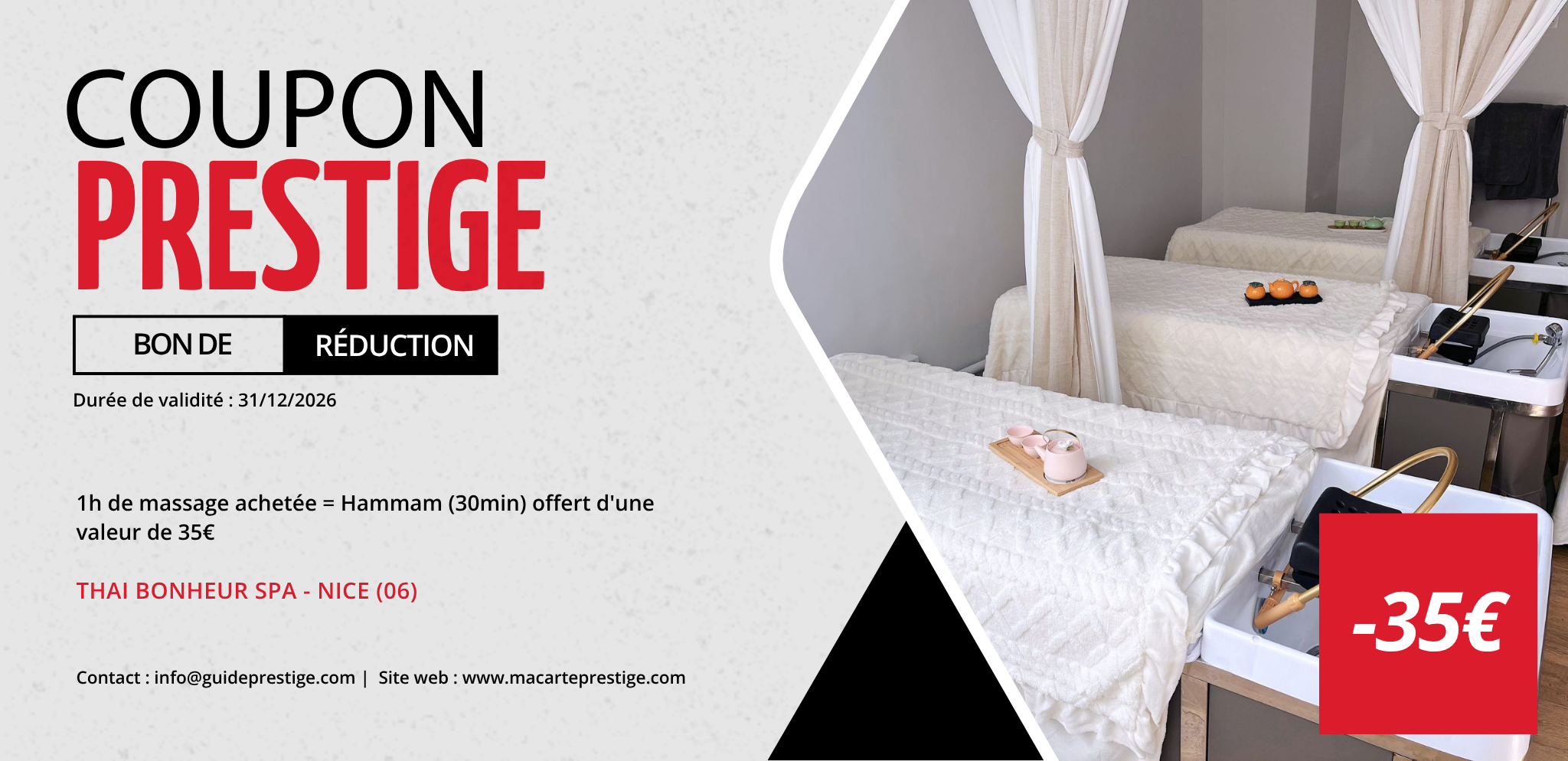 Coupon de réduction : 1h de massage achetée = Hammam (30min) offert d'une valeur de 35€ - Valable chez THAI BONHEUR SPA - à NICE (06)