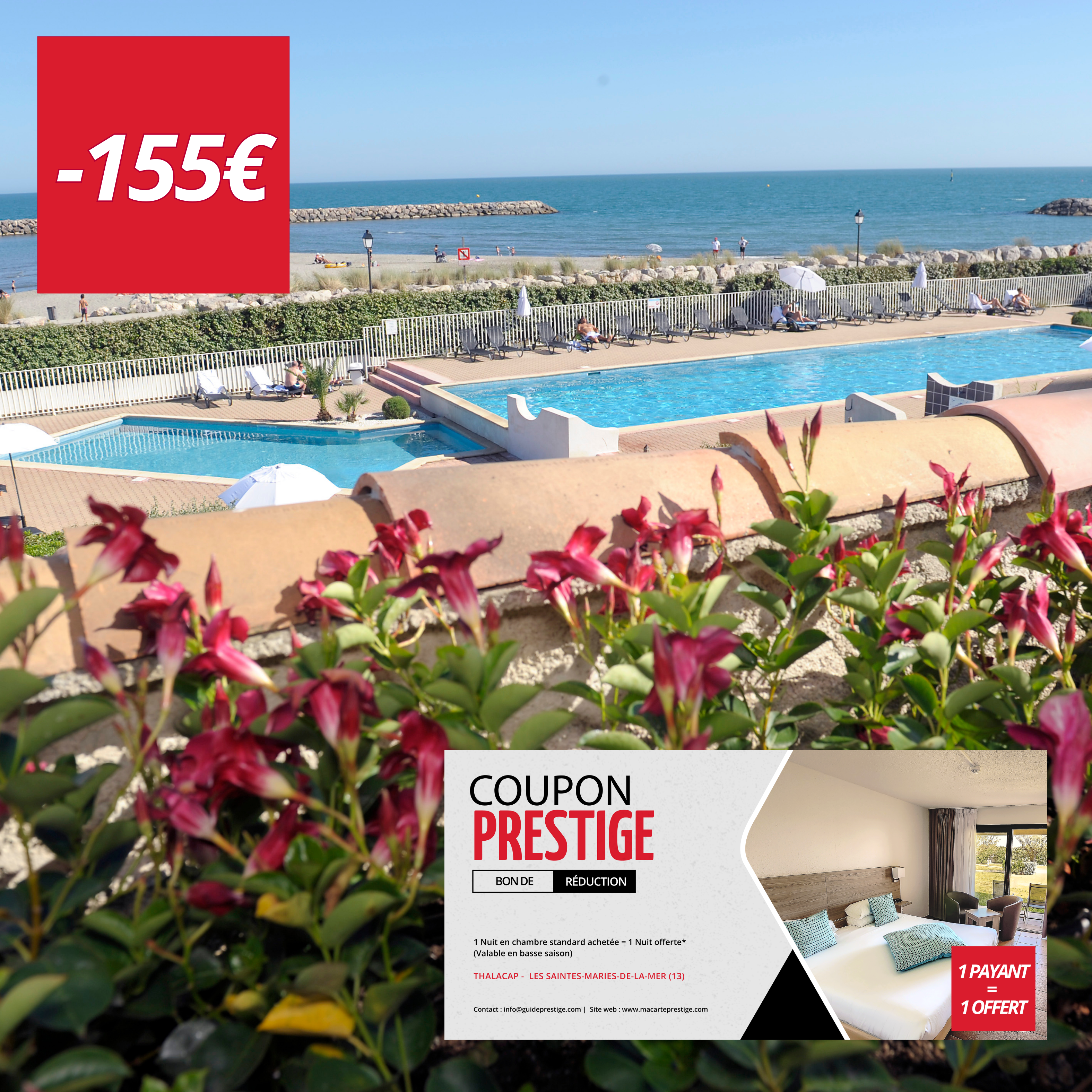 Coupon de réduction : 1 Nuit en chambre standard achetée = 1 Nuit offerte* (Valable en basse saison) - Valable à THALACAP - à LES SAINTES-MARIES-DE-LA-MER (13)