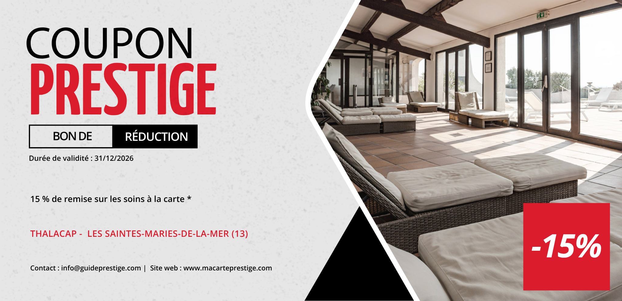 Coupon de réduction : 15 % de remise sur les soins à la carte * - Valable à THALACAP - à LES SAINTES-MARIES-DE-LA-MER (13)