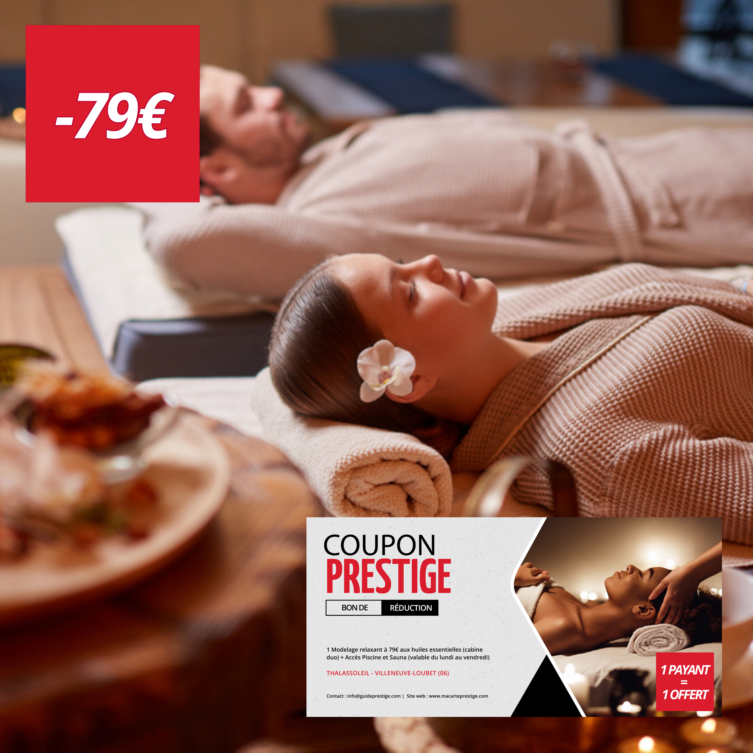 Coupon de réduction : 1 Modelage relaxant à 79€ aux huiles essentielles (cabine duo) + Accès Piscine et Sauna (valable du lundi au vendredi) acheté = 1 offert - Valable à THALASSOLEIL - à VILLENEUVE-LOUBET (06)
