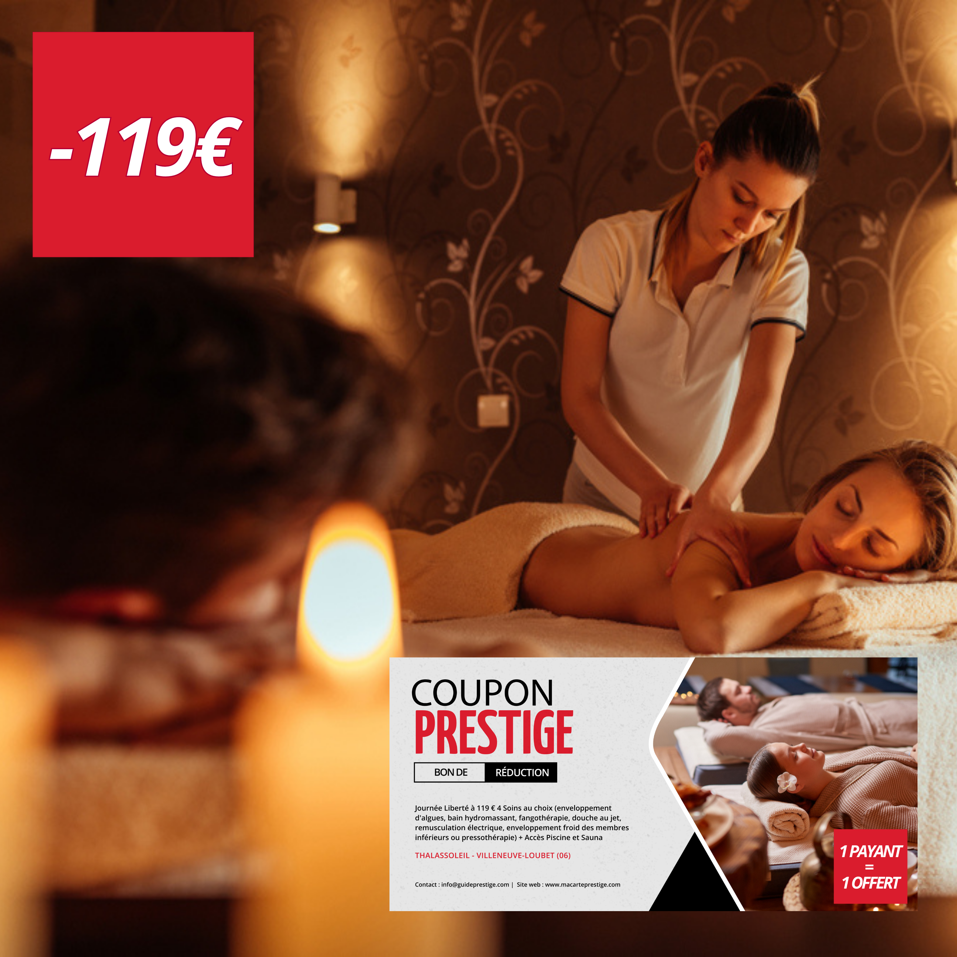 Coupon de réduction : Journée Liberté à 119 € 4 Soins au choix + Accès Piscine et Sauna achetée = 1 offerte - Valable à THALASSOLEIL - à VILLENEUVE-LOUBET (06)
