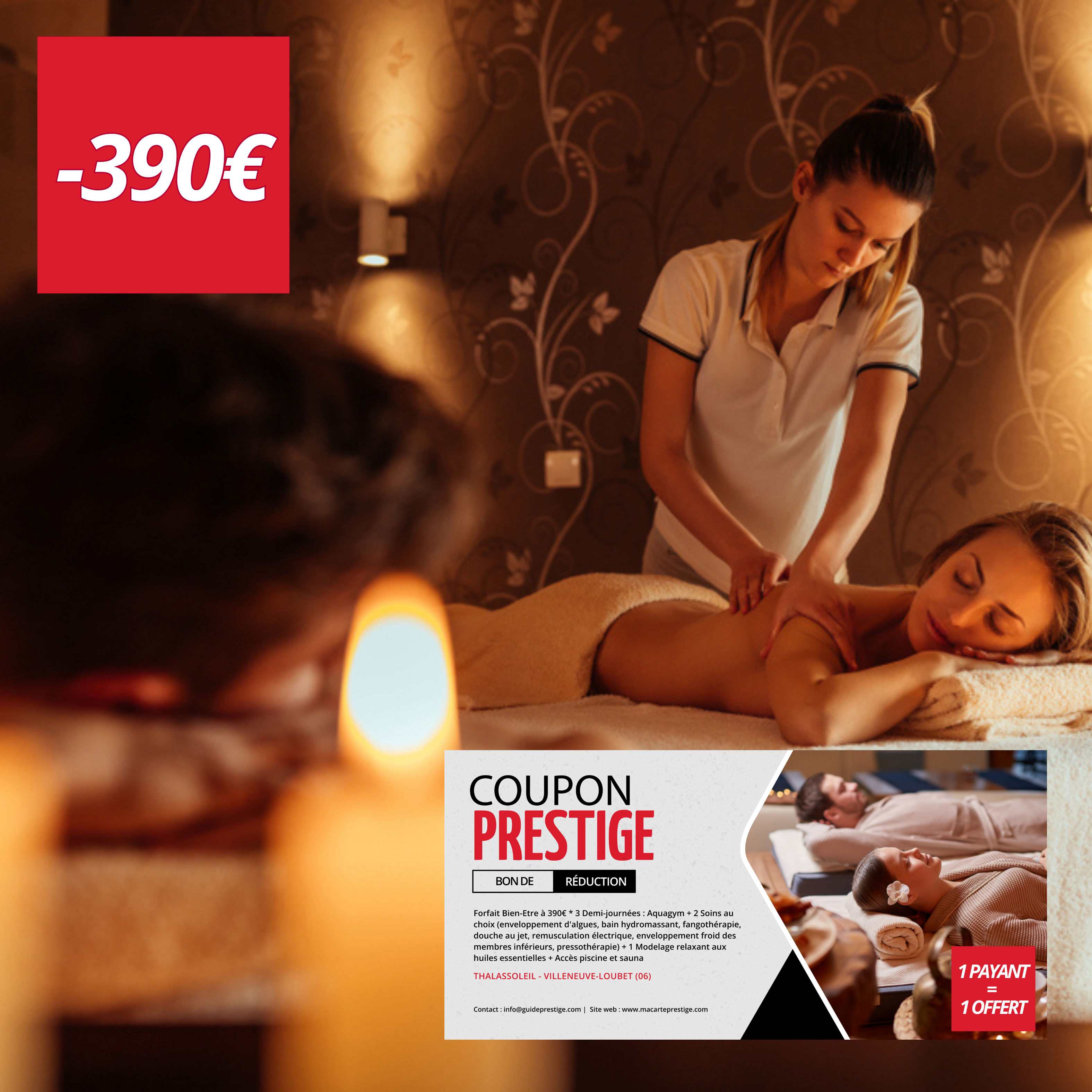 Coupon de réduction : Forfait Bien-Etre à 390€ acheté = 1 offert* 3 Demi-journées : Aquagym + 2 Soins au choix + 1 Modelage relaxant aux huiles essentielles + Accès piscine et sauna - Valable à THALASSOLEIL - à VILLENEUVE-LOUBET (06)