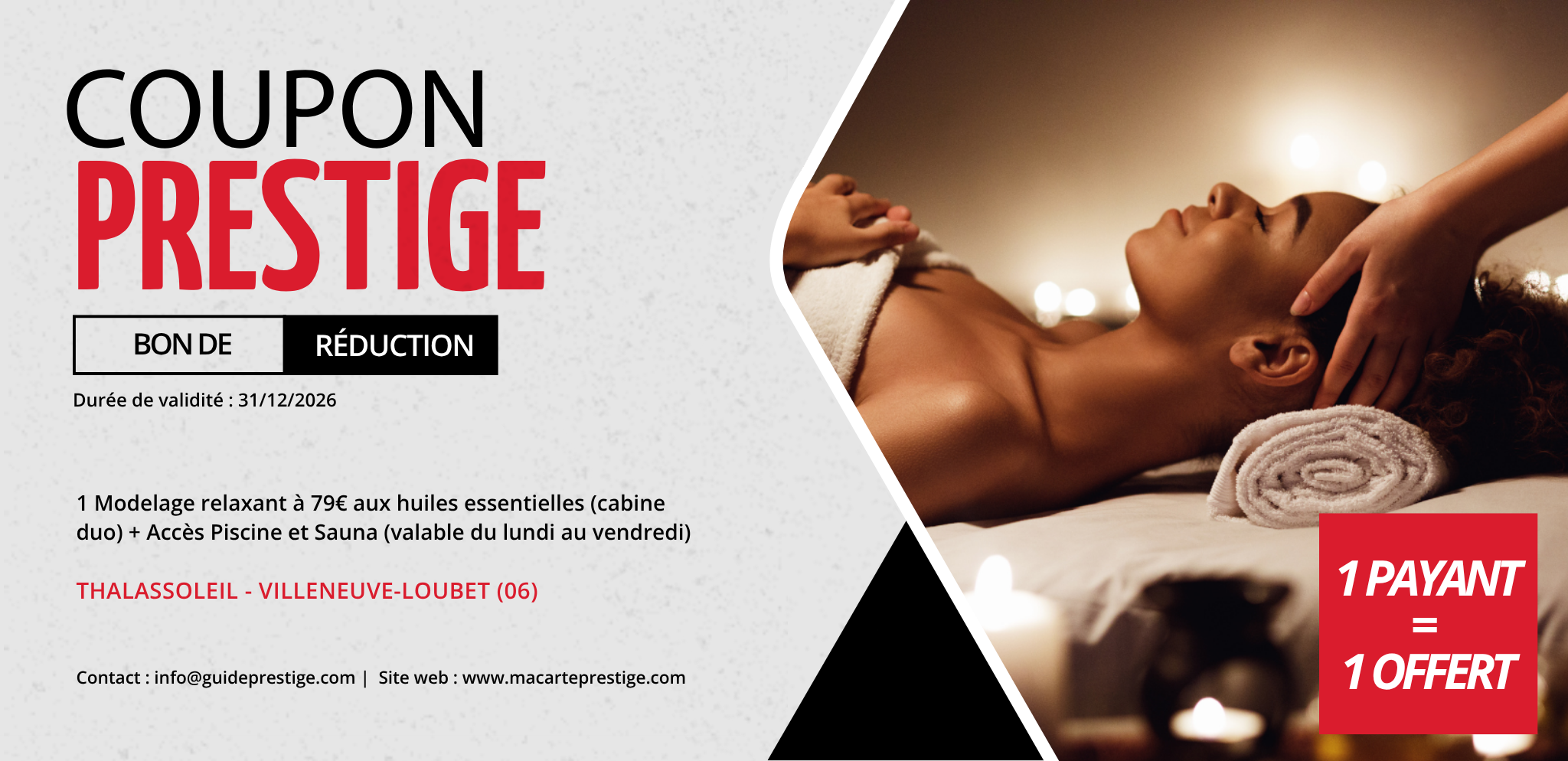 Coupon de réduction : 1 Modelage relaxant à 79€ aux huiles essentielles (cabine duo) + Accès Piscine et Sauna (valable du lundi au vendredi) acheté = 1 offert - Valable à THALASSOLEIL - à VILLENEUVE-LOUBET (06)