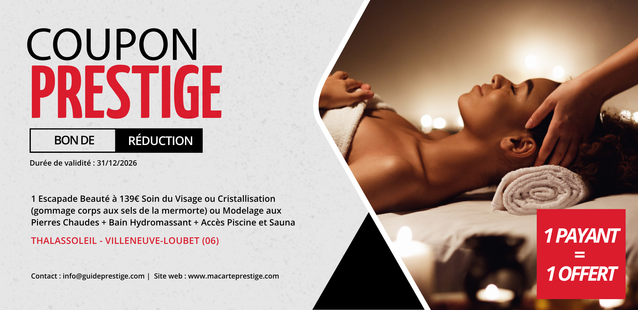 Coupon de réduction : 1 Escapade Beauté à 139€ Soin du Visage ou Cristallisation (gommage corps aux sels de la mer morte) ou Modelage Pierres Chaudes + Bain Hydromassant + Accès Piscine/Sauna - Valable à THALASSOLEIL - à VILLENEUVE-LOUBET (06)