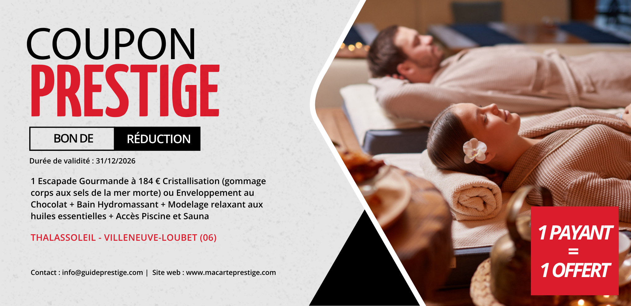 Coupon de réduction : 1 Escapade Gourmande à 184€ Cristallisation ou Enveloppement au Chocolat + Bain Hydromassant + Modelage relaxant aux huiles essentielles + Accès Piscine et Sauna achetée = 1 offerte - Valable à THALASSOLEIL - à VILLENEUVE-LOUBET (06)