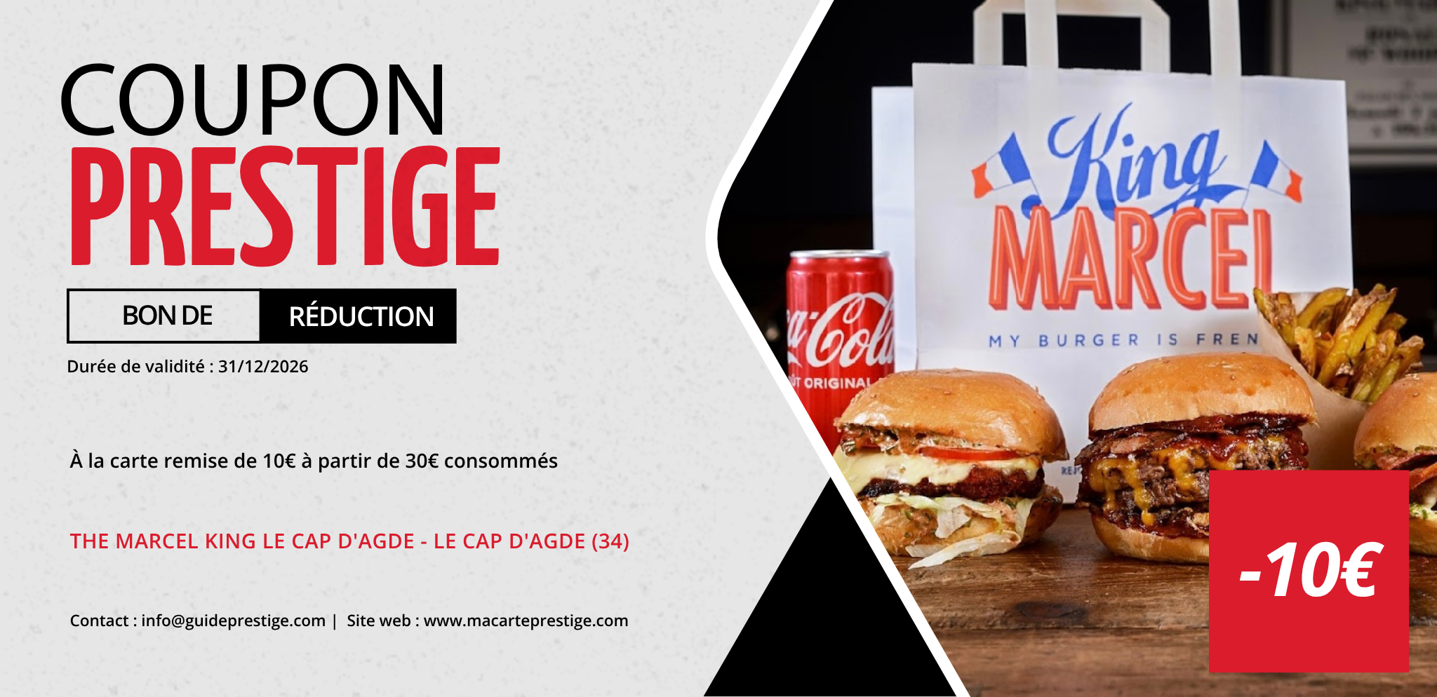 Coupon de réduction : À la carte remise de 10€ à partir de 30€ consommés - Valable chez THE MARCEL KING LE CAP D'AGDE - à LE CAP D'AGDE (34)