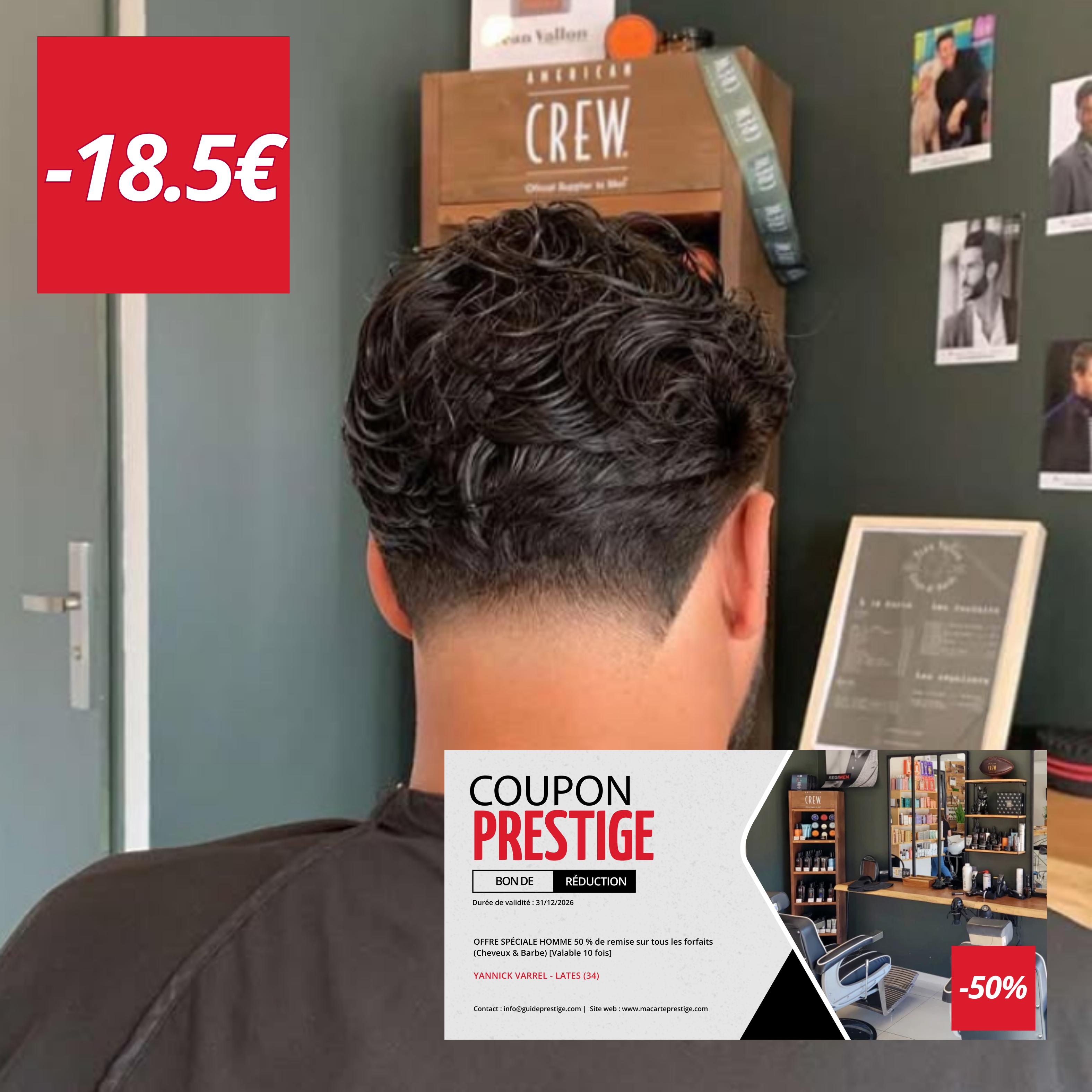 Coupon de réduction : OFFRE SPÉCIALE HOMME 50 % de remise sur tous les forfaits (Cheveux & Barbe) [Valable 10 fois] - Valable chez YANNICK VARREL LA MAISON DE LA COIFFURE - à LATTES (34)