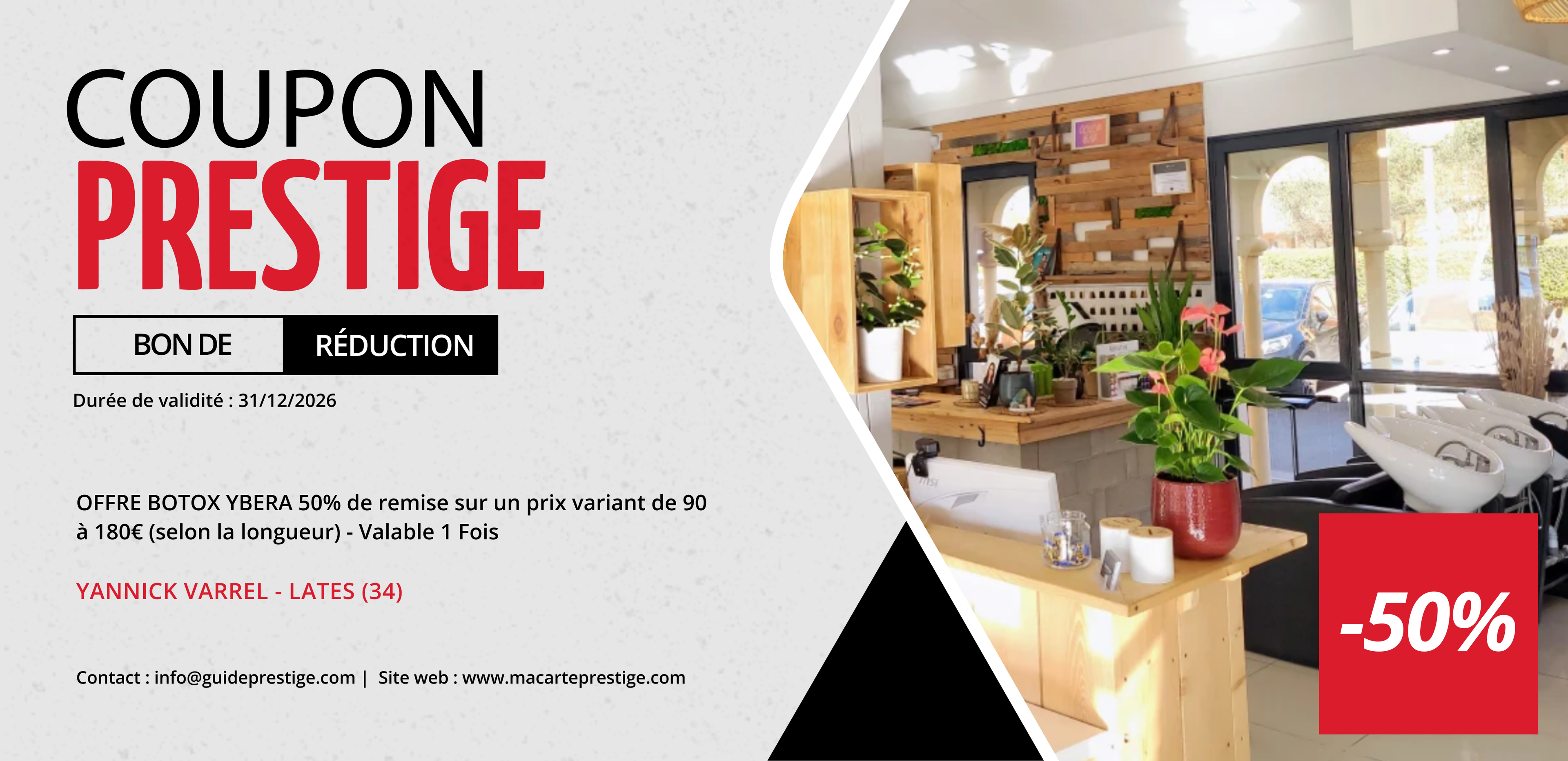 Coupon de réduction : OFFRE BOTOX YBERA 50% de remise sur un prix variant de 90 à 180€ (selon la longueur) - Valable 1 Fois - Valable chez YANNICK VARREL LA MAISON DE LA COIFFURE - à LATTES (34)