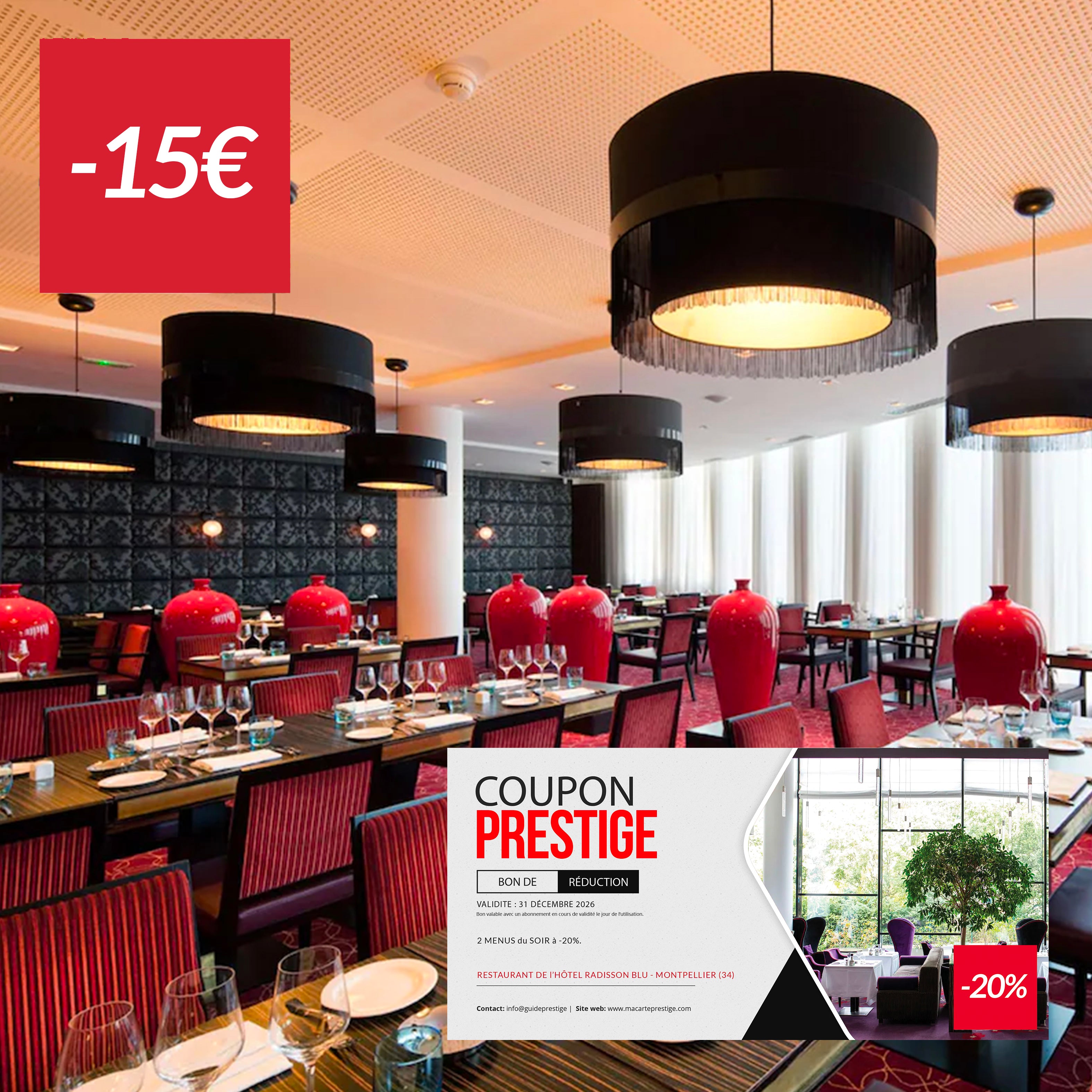 Coupon de réduction : 2 menus du SOIR au restaurant LE BOUDOIR MONTPELLIERAIN à -20% - Valable à L'HOTEL 4 étoiles RADISSON BLU - à MONTPELLIER (34)