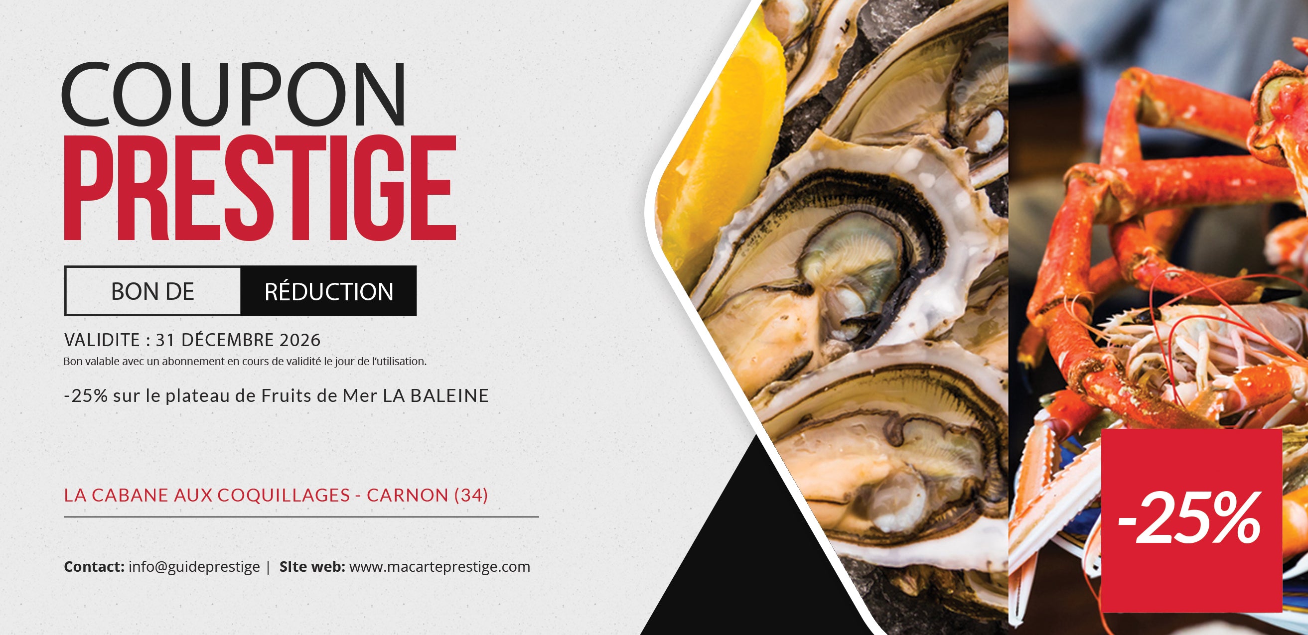 Coupon de réduction : Plateau de Fruits de Mer La Baleine à -25% - Valable à LA CABANE AUX COQUILLAGES - à CARNON (34)