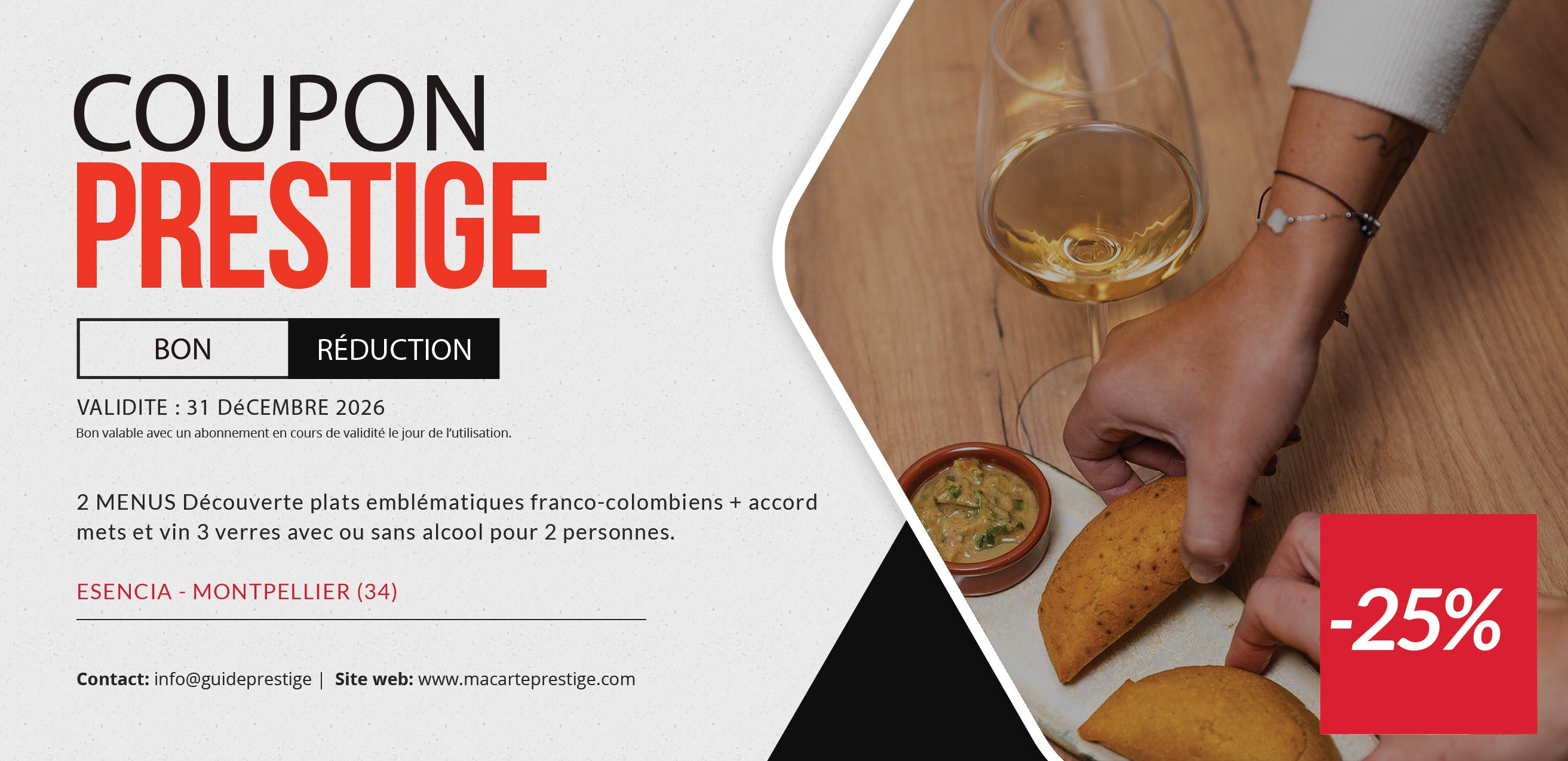 Coupon de réduction : 2 menus Découverte plats emblématiques franco-colombiens & 3 accords mets et vins pour 2 personnes à -25% - Valable chez ESENCIA - à MONTPELLIER (34)