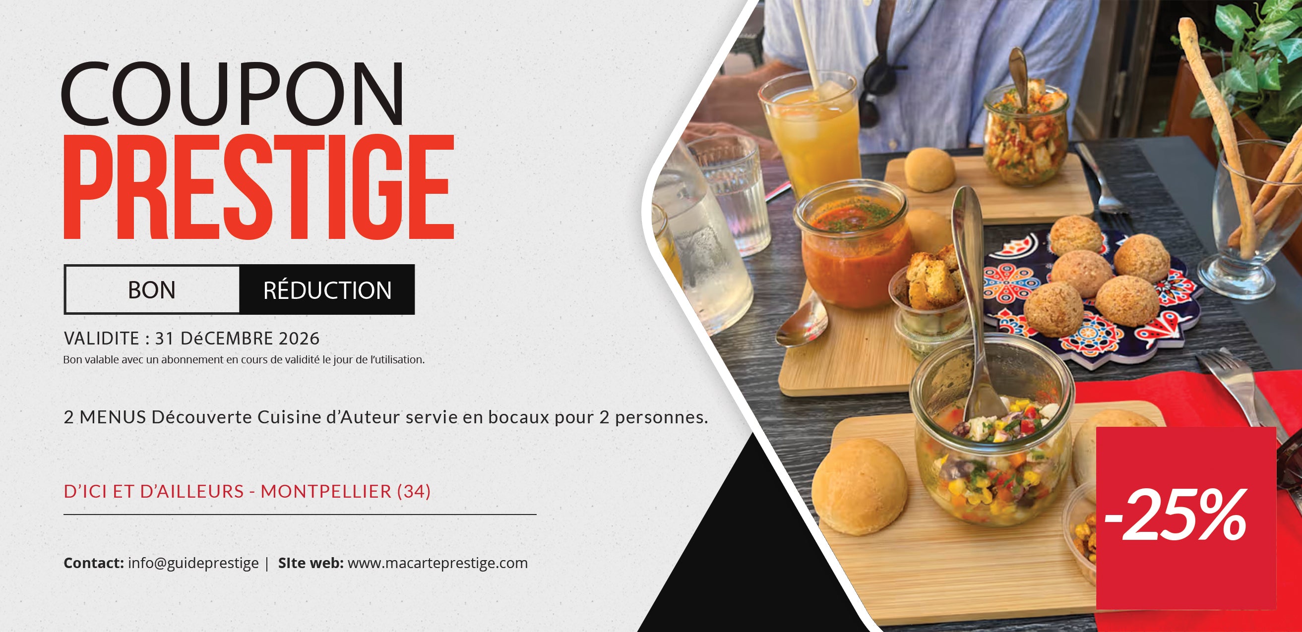 Coupon de réduction : 2 menus Découverte Cuisine d'auteur servie en bocaux 100% Maison pour 2 personnes à -25% - Valable chez D'ICI ET D'AILLEURS - à MONTPELLIER (34)