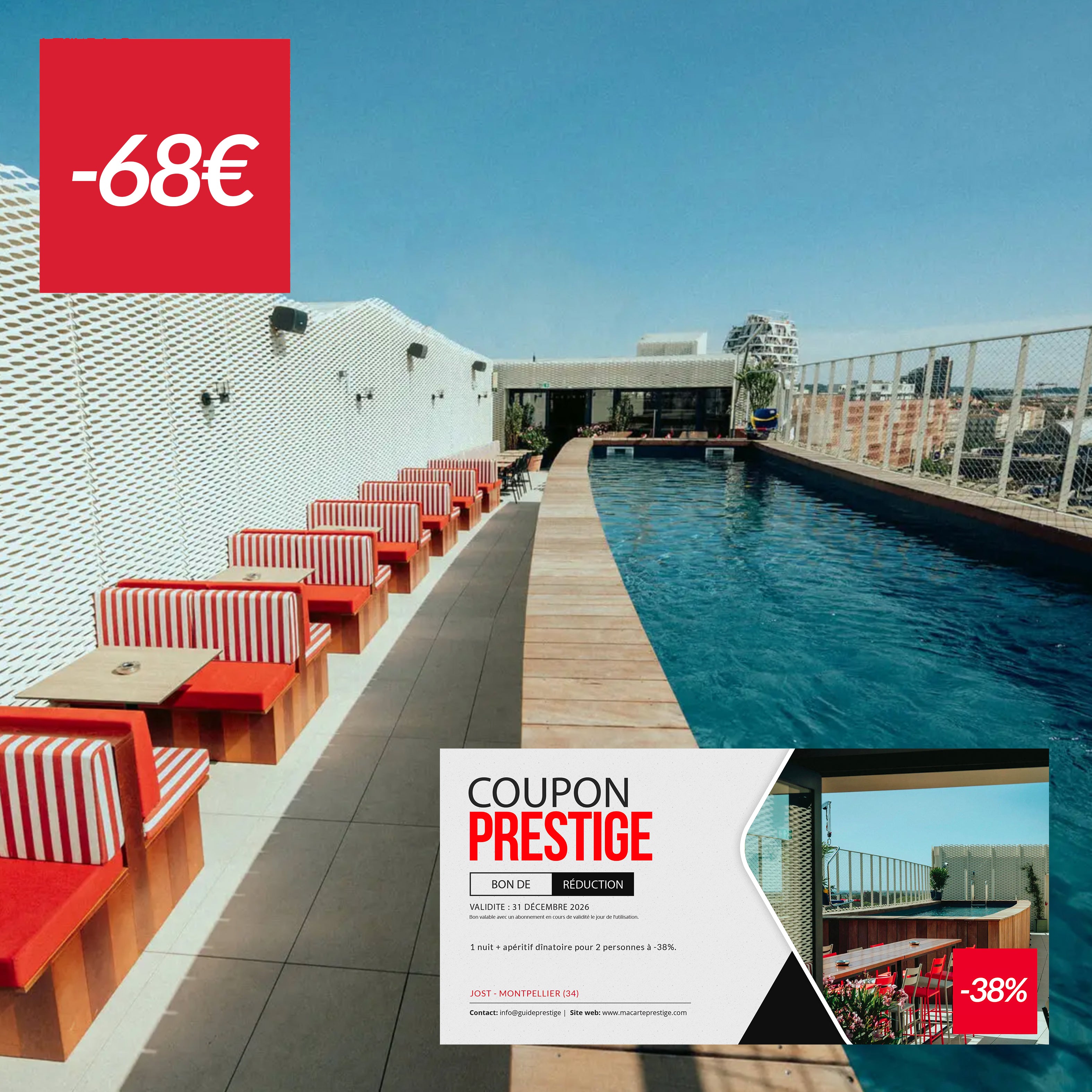 Bon de réduction : 1 nuit en Chambre premium -38% avec apéritif dînatoire au Rooftop Nonna Giola - Valable à l'hôtel 3 étoiles Jost Montpellier - à Montpellier (34)