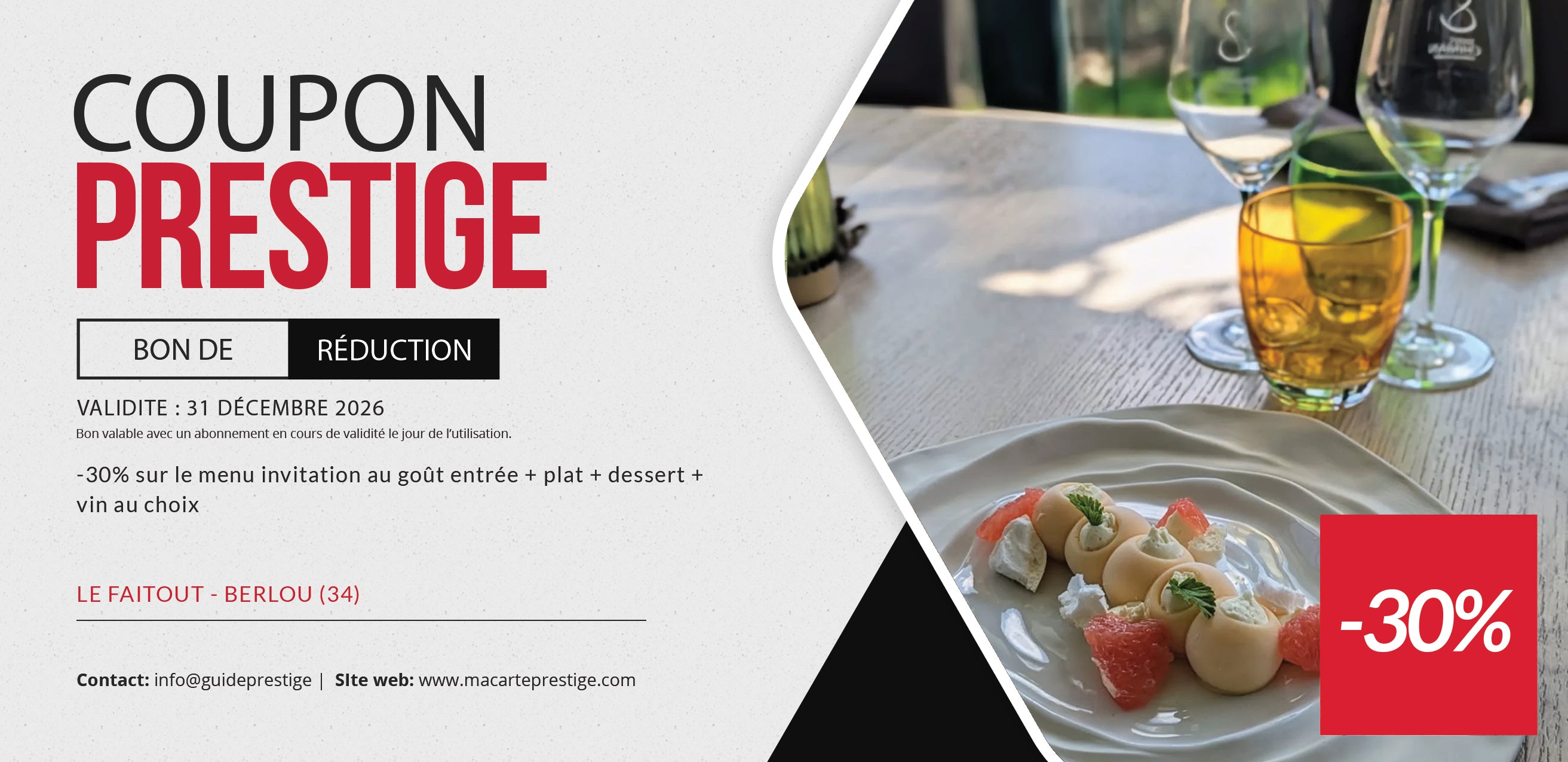 Coupon de réduction : 2 menus invitation au goût à -30% - Valable au restaurant LE FAITOUT - à BERLOU (34)